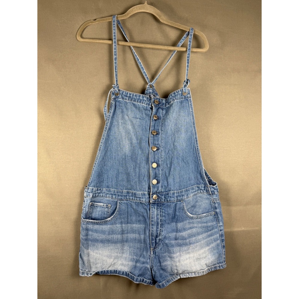 American Eagle Shortalls Women Large Light Wash Button Front Distressed Denim
